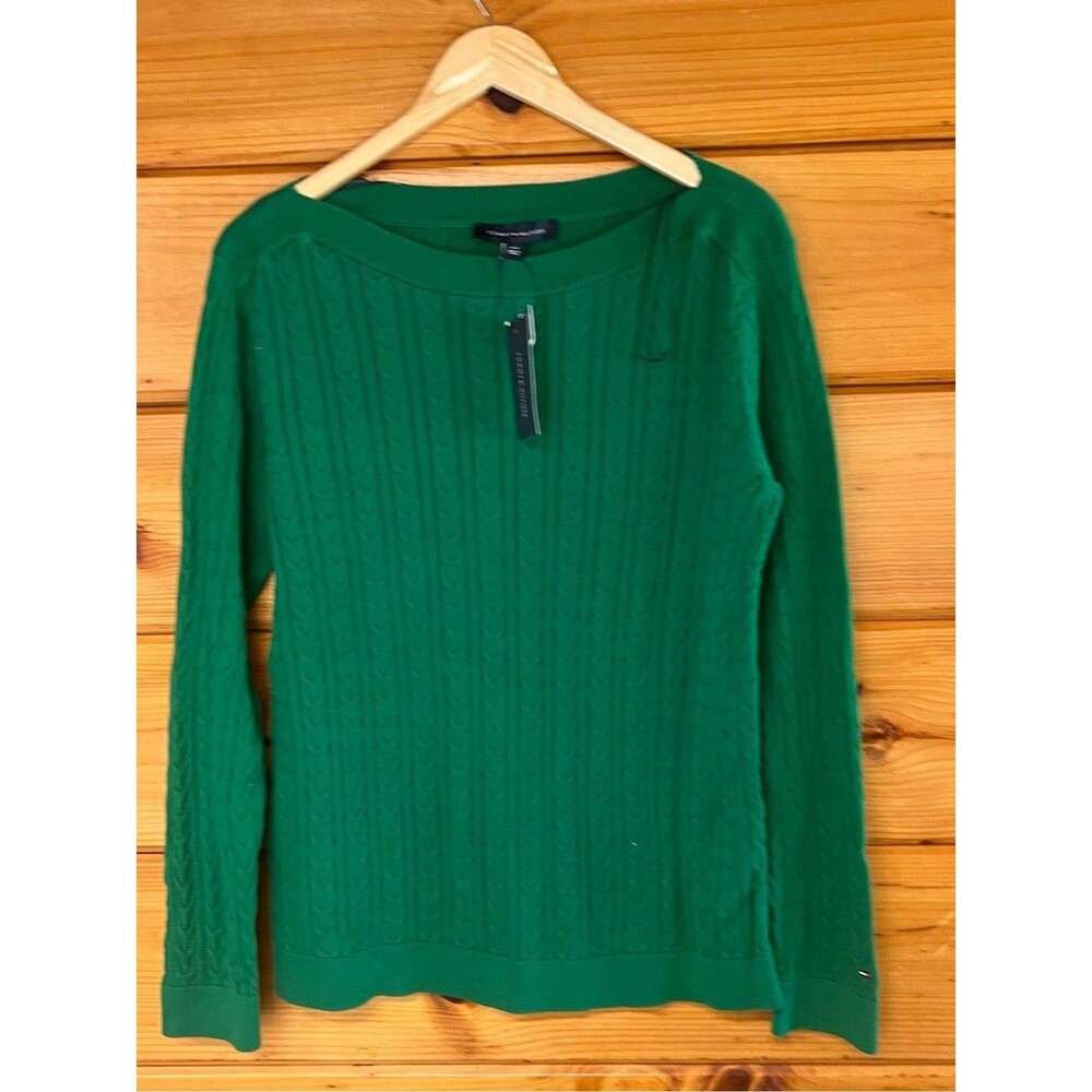 NWT Tommy Hilfiger Preppy Green Cable Knit Boat Neck Academia Sweater L